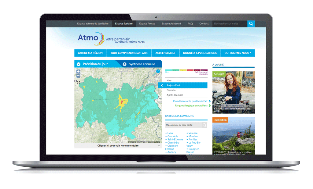 carte des prévisions de la qualité de l'air en Auvergne-Rhône-Alpes site www.atmo-auvergnerhonealpes.fr