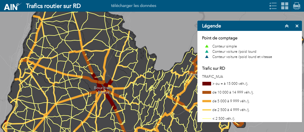 carte du réseau routier permettant de connaître le nombre de véhicule circulant sur les routes de l'Ain