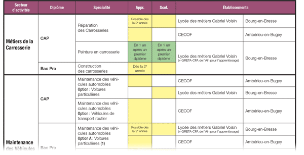 vignette de la Fiche filière formation automobile dans l'Ain