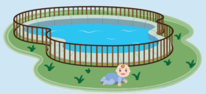 Piscine protégée par une barrière avec un bébé souriant à extérieur