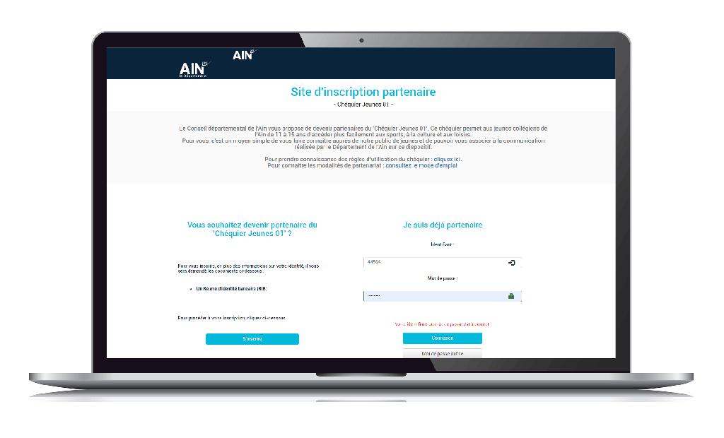 interface du Site d'inscription partenaire dépôt des bordereau chéquier jeunes 01 ain