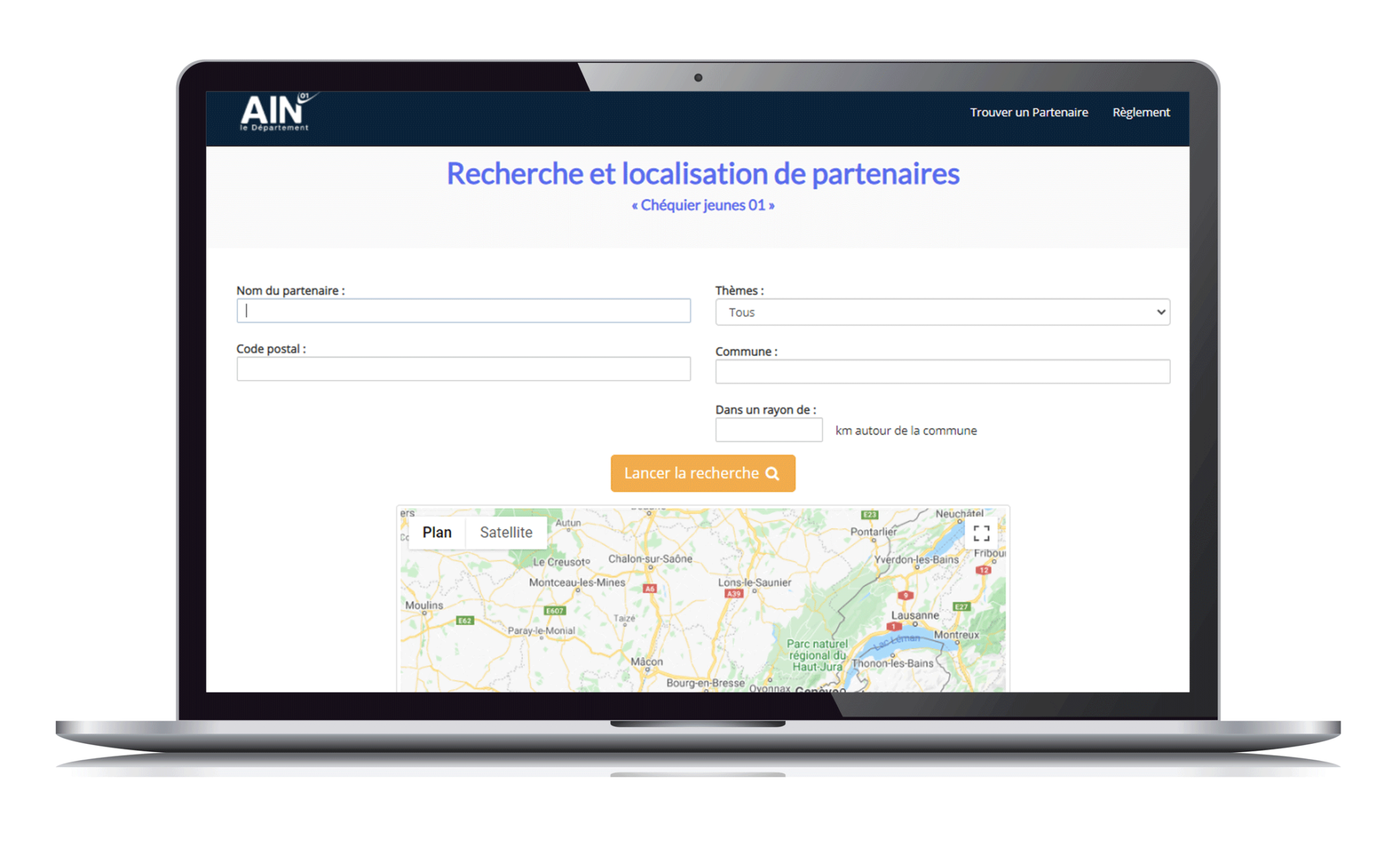 page recherche localiser un partenaire du chéquier jeune 01sur le site https://chequierjeunes.ain.fr/