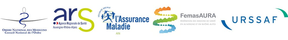 logo ars, urssaf, onm, femas AURA et assurance maladie