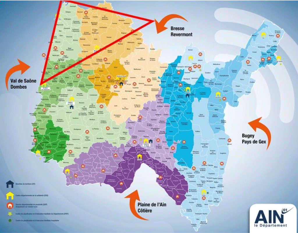 carte du département de l'ain - secteur bresse : territoire de l'appel à projet d'insertion par l'activité économique dans le secteur Bresse du département de l'Ain