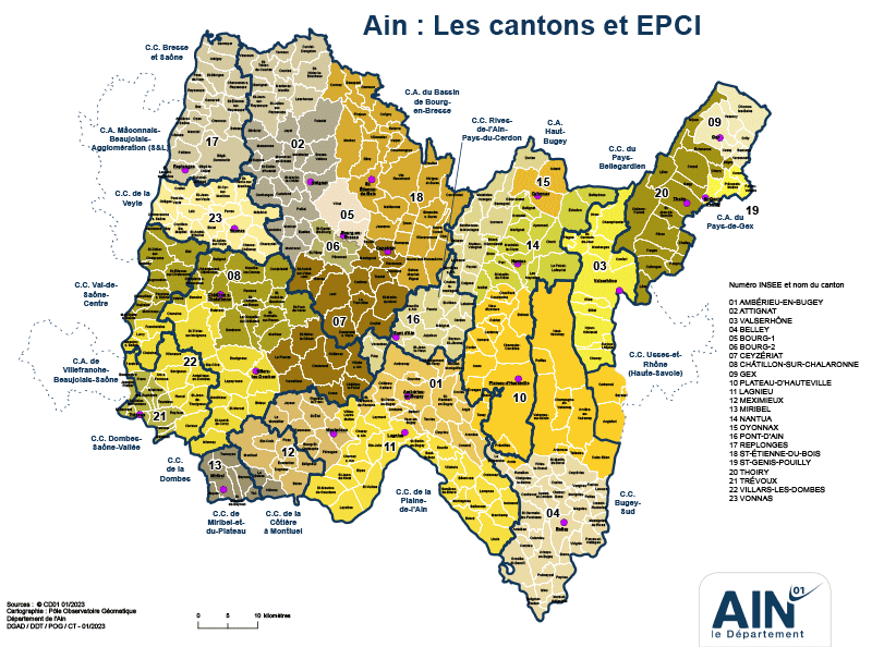 Visuel de la Carte imprimable A3 des cantons et des établissements publics de coopération intercommunale (EPCI) de l'Ain