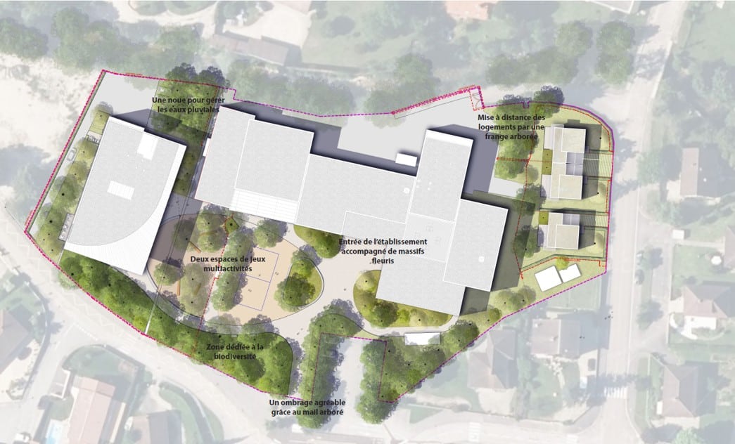 Batiment vu d'en haut avec des espaces extérieurs verdoyants