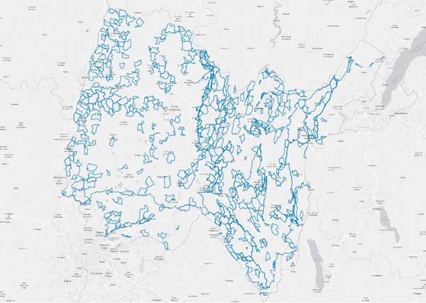 visuel d'une carte de l'Ain avec des circuits de randonnée