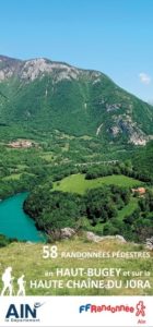 COuverture du topoguide randonnées pédestres en haut bugey et sur la haute chaine du Jura avec vue de la montagne et du Rhône