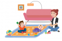 assistante maternelle jouant avec des enfants sur un tapis de jeu