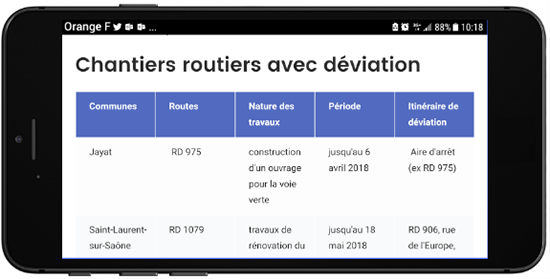 Vue mobile solution chantiers routiers Vue mobile de la page web des chantiers routiers