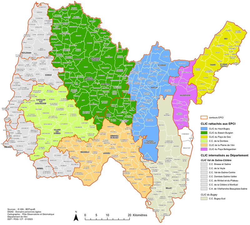 Carte des centres locaux d'information et de coordination gérontologique (Clic) de l'Ain